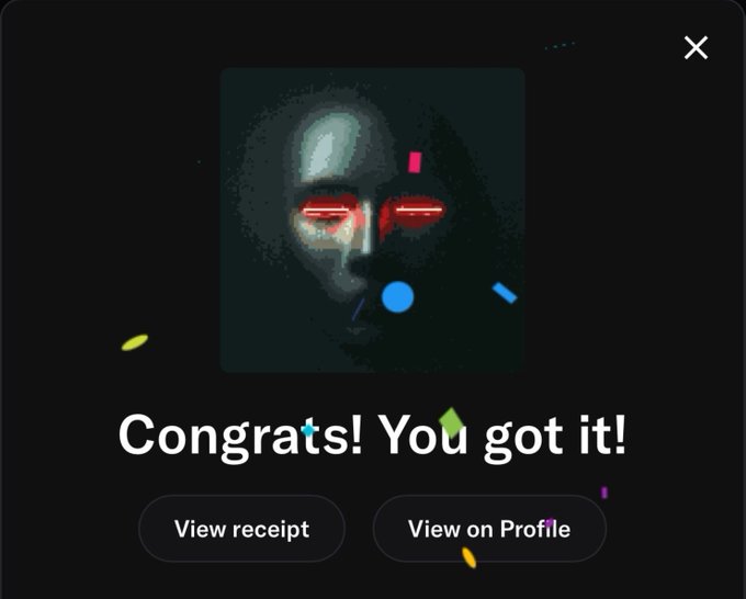 A dark modal window displays pixelated artwork of a hooded figure with glowing red eyes alongside celebratory confetti, captioned "Congrats! You got it!" with buttons to "View receipt" or "View on Profile," confirming a successful NFT mint on exitlabsdotfun.