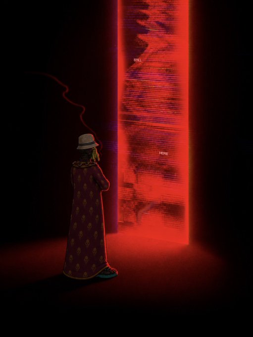 A digital artwork shows a character in a long patterned robe and bucket hat standing in a dark void, facing a glowing red portal displaying the words 'STILL' and 'HERE'.