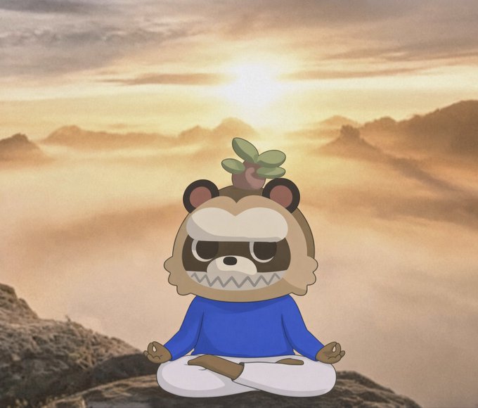 A digital illustration of a cartoon character wearing a bear costume with a small plant on its head, meditating in a lotus position against a backdrop of clouds and a setting sun.