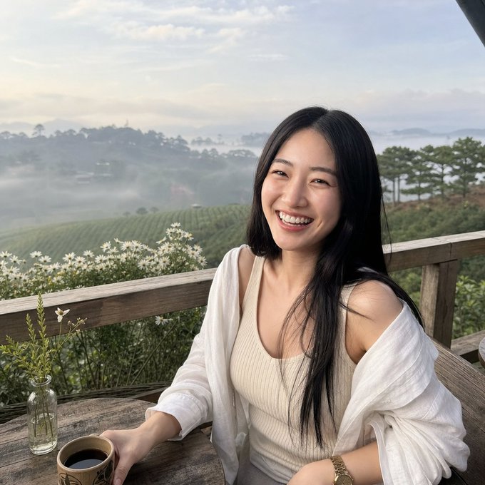 The image shows a woman sitting at an outdoor table, smiling for the camera while holding a cup of coffee. She appears to be enjoying her time outdoors, possibly on a patio or deck overlooking a valley with foggy mountains in the background. The scene suggests that she is taking a moment to relax and appreciate her surroundings before starting her day.