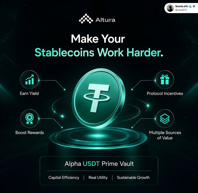 The image features a green coin with a white "T" on it, placed on a black background. Below the coin, there are descriptions of stablecoins and their potential uses. The text emphasizes making your own stablecoins work harder by participating in lending activities that yield returns.