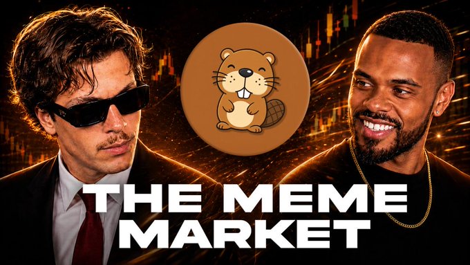 The image features two men—one wearing sunglasses on the left and another smiling with a gold chain on the right—flanking a cartoon beaver mascot, with the bold text "THE MEME MARKET" below them against an orange-tinted stock chart background. The image appears to be promotional artwork for a "$200 $Chonketha" giveaway livestream, tying the meme market theme to the beaver token promotion.