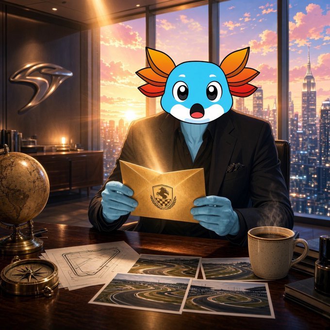 A digital artwork featuring a figure in a dark suit with an axolotl mascot head, sitting at a desk holding a glowing envelope with a logo, set against a sunset cityscape with a globe and compasses on the desk.