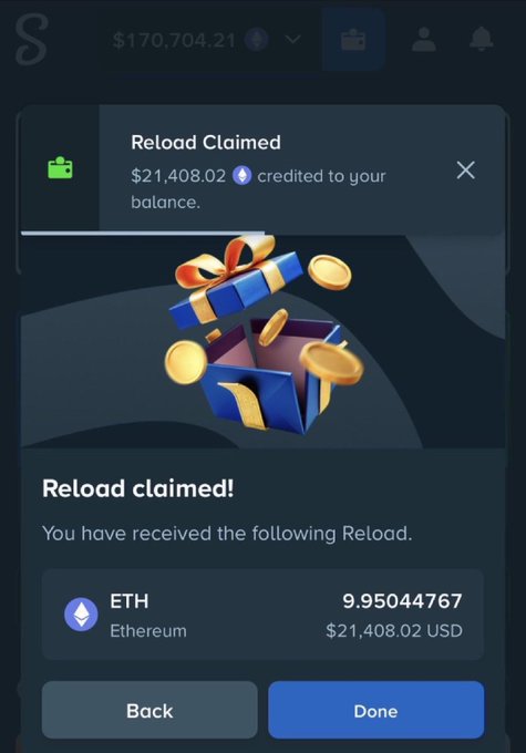 A mobile app screen shows a "Reload Claimed" notification crediting $21,408.02 (9.95044767 ETH) to a user's wallet with a balance of $170,704.21, reflecting the user's reluctant daily login to claim rewards as described.