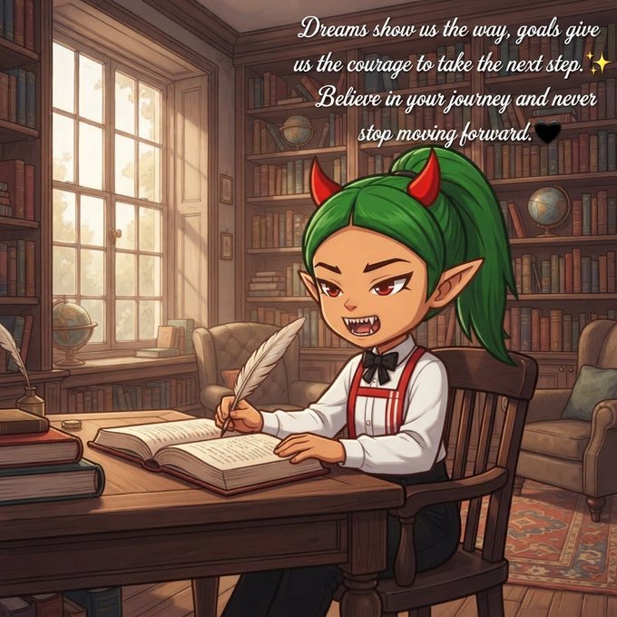 Anime-style illustration of a green-haired character with red horns writing with a quill in a library, with the quote: 'Dreams show us the way, goals give us the courage to take the next step. Believe in your journey and never stop moving forward.'