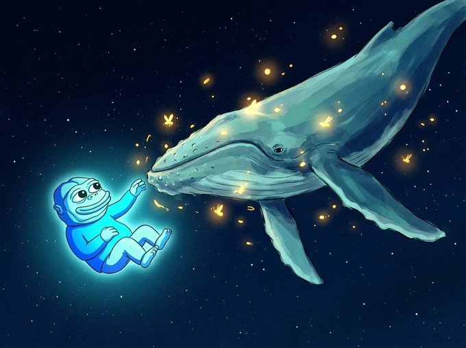 A dreamy illustration of a blue astronaut-like baby floating in space, reaching out toward a large humpback whale surrounded by glowing golden particles and small butterfly-like creatures.