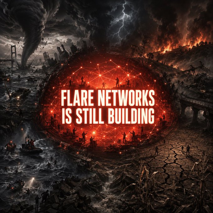 A dramatic apocalyptic digital artwork featuring a glowing red network sphere with people silhouettes, tornadoes, lightning, and fire, overlaid with text 'FLARE NETWORKS IS STILL BUILDING'.