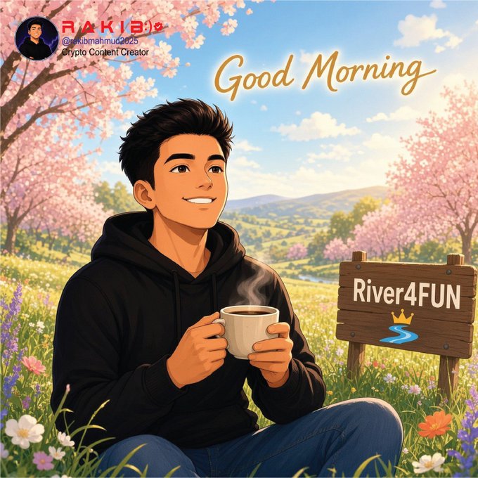 An anime-style illustration of a smiling man in a black hoodie holding a steaming cup of coffee in a field of flowers with cherry blossoms, labeled 'Good Morning' and featuring a 'RAKIB's' logo and a 'River4FUN' wooden sign.