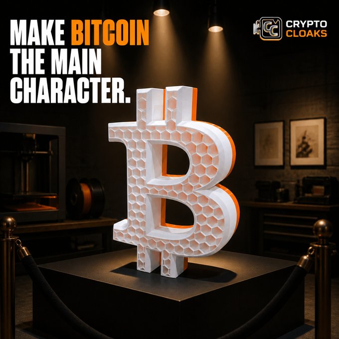 A 'Crypto Cloaks' promotional image showing a 3D-printed white and orange Bitcoin sculpture on display with the text 'MAKE BITCOIN THE MAIN CHARACTER.'