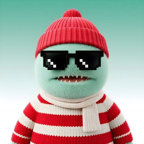A close-up of a blue plush monster character wearing pixelated sunglasses, a red knit beanie, and a red and white striped sweater with a scarf, against a teal gradient background.