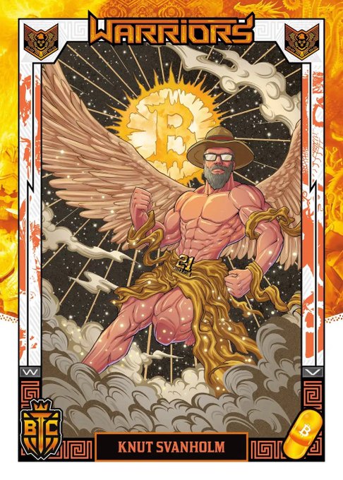 A stylized "WARRIORS" trading card featuring a muscular, winged figure named "KNUT SVANHOLM" standing on clouds with a Bitcoin symbol radiating behind him and a BTC logo in the corner.