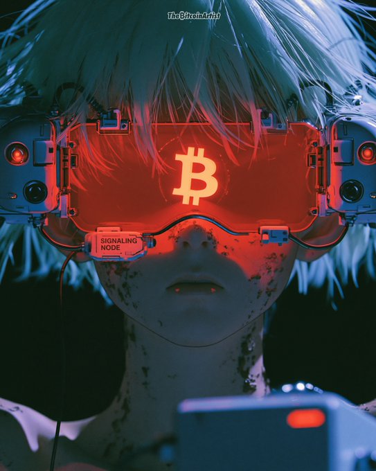 A cyberpunk-style anime character wearing a red VR headset displaying the Bitcoin logo, labeled 'SIGNALING NODE' and credited to 'TheBitcoinArtist'.