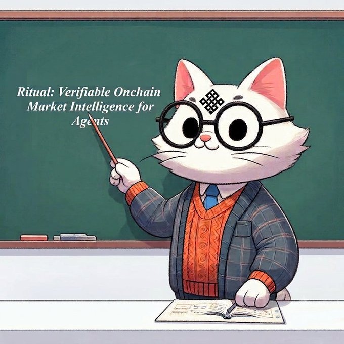 An illustration of a cute white cat wearing glasses and a plaid jacket standing at a chalkboard with the text 'Ritual: Verifiable Onchain Market Intelligence for Agents'.