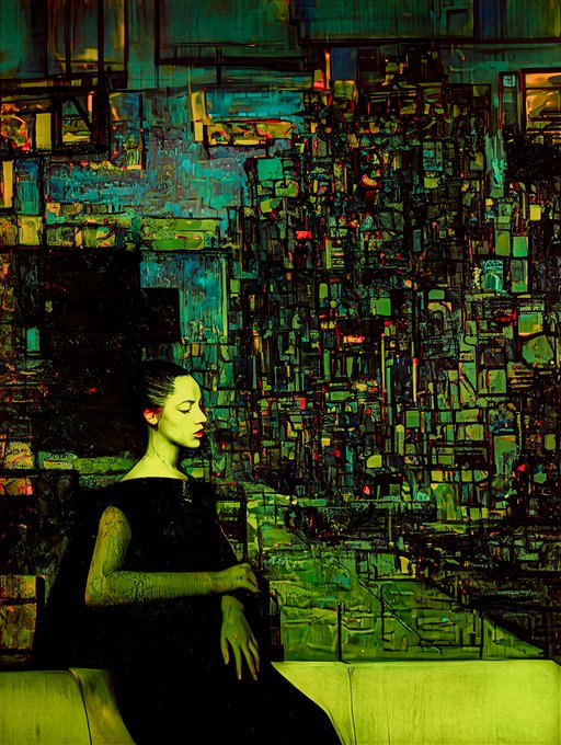 A stylized, textured painting of a woman in a black dress sitting in profile against an intricate mosaic-like background of dark greens, teals, and geometric patterns.