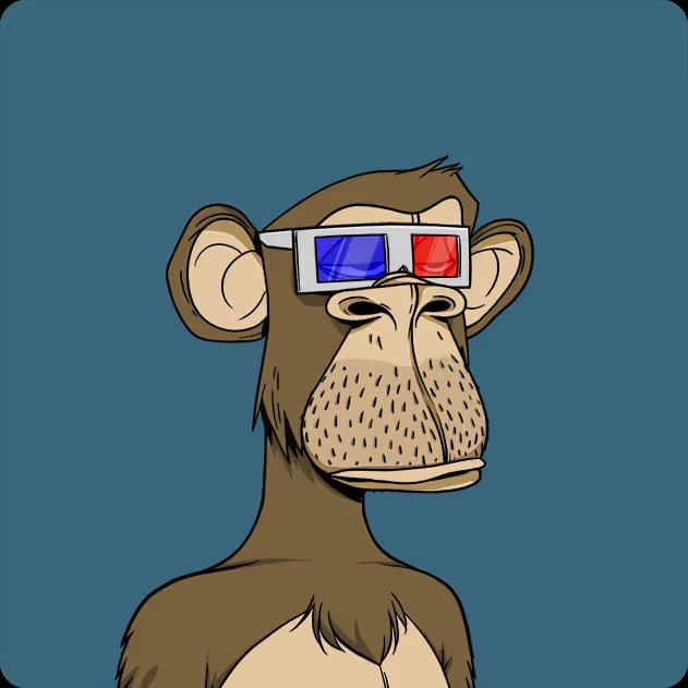 A cartoon illustration of a brown monkey wearing classic red-blue 3D glasses against a teal background, paired with a post announcing the NFT sold for 19.00 ETH to @Disciple_13.