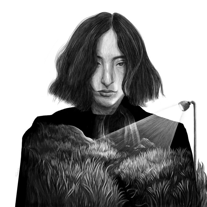 A detailed black-and-white pencil-style drawing of a person with shoulder-length hair, with a surreal projection from a lamp illuminating a grassy landscape across their torso.