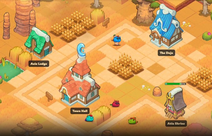 The image features an illustration of a village scene with buildings and trees, including a castle and a house. The village appears to be a part of a video game where players can build their own structures using Axies as currency. The focus on long-term progression in this game is evident from the text that reads "Focus on what is in the image and how it relates to the post". This suggests that the game's design emphasizes strategic planning, resource management, and patience over short-term gains or immediate rewards.