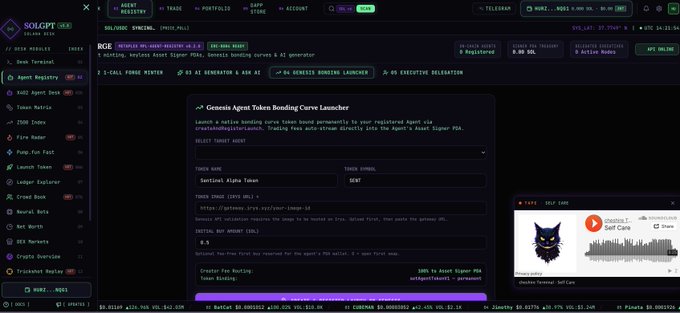 A screenshot of the SOLECP.io dashboard displaying 'Genesis Agent Token Bonding Curve Launcher' settings for an RWA (Real World Asset) named 'Vertical Alpha Token'.
