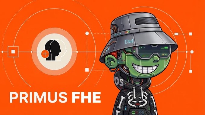 The image features a green-skinned cartoon character wearing a futuristic bucket hat with digital displays, set against a vibrant orange background with circuit-like patterns. On the left, a head silhouette icon with a "+" symbol appears alongside the text "PRIMUS FHE," visually reinforcing the post's message about Primus Labs' privacy-focused blockchain solution using Fully Homomorphic Encryption.