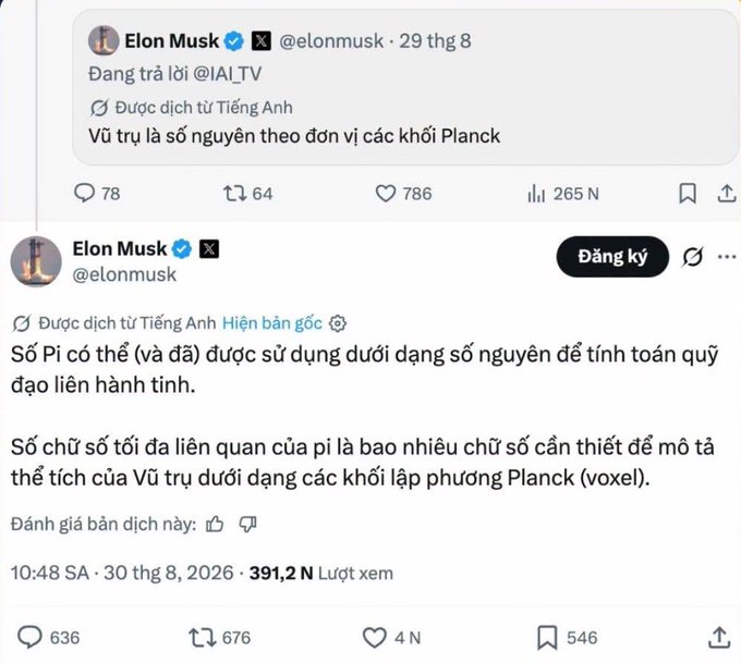 The image shows two X posts by @elonmusk where he claims the universe is quantized in units of Planck volumes and that "Pi can (and has) been used as an integer to calculate interplanetary trajectories," asking how many digits of pi are needed to describe the universe as Planck voxels. The accompanying commentary humorously points out the absurdity of Musk suggesting pi is used as an integer for space travel—mocking the irony that claiming pi as a "cryptocurrency" would be even more bizarre than his actual erroneous physics claim.