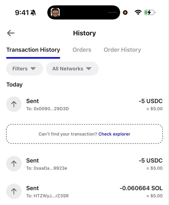A mobile wallet history screen shows three sent transactions from "Today," including two -5 USDC payments (~$5.00 each) and one -0.060664 SOL (~$5.00), providing proof of the $5 giveaway payments mentioned in the post.