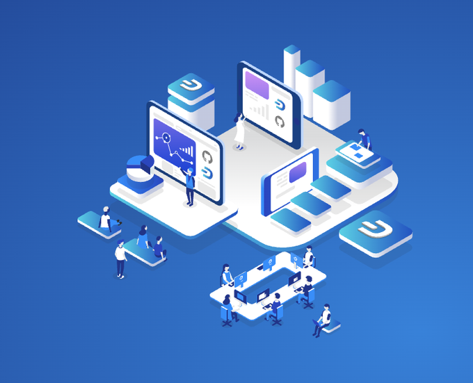 An isometric illustration showing various people interacting with digital interfaces, dashboards, and charts on platforms, rendered in a blue and white color scheme.