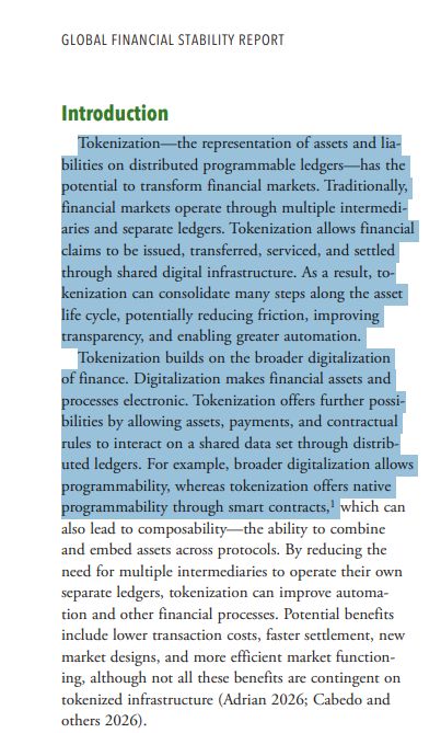 An excerpt from the 'Global Financial Stability Report' Introduction with a highlighted paragraph discussing tokenization and distributed programmable ledgers in financial markets.