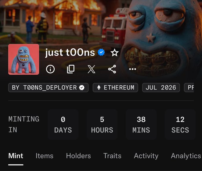 A mint countdown page for the "just t00ns" NFT collection by T00NS_DEPLOYER on Ethereum, scheduled to launch in 0 days, 5 hours, 38 minutes, and 12 seconds, shown against a backdrop of firefighters battling a house fire alongside a large blue cartoonish character. The image accompanies a post promoting the mint with a 5,000 supply at 0.0093 ETH.