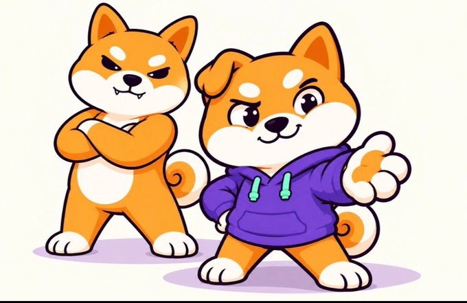 A cartoon illustration of two orange and white Shiba Inu dogs; the left one stands with crossed arms, while the right one wears a purple hoodie and gives a thumbs-up.