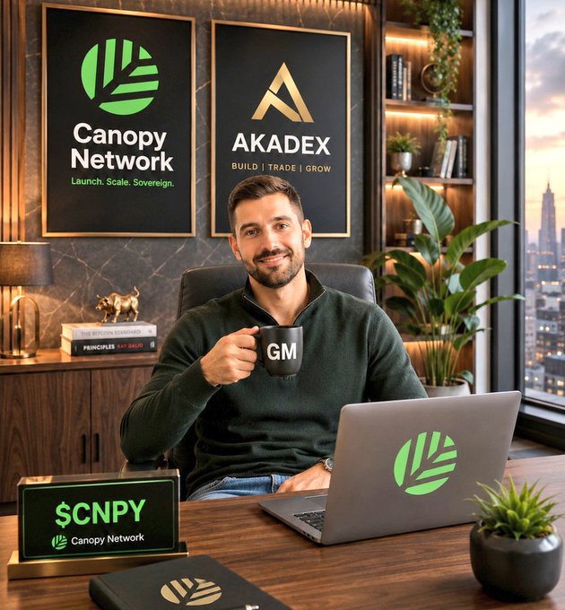 A man holding a 'GM' mug sits at a desk with a Canopy Network laptop sticker, positioned in front of posters for 'Canopy Network' and 'AKADEX', with a '$CNPY Canopy Network' sign on the desk.