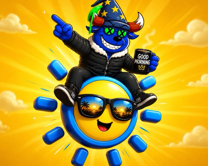 An eye-catching digital illustration featuring a cartoon character, a blue unicorn wearing a crown holding a "Good morning!" sign along with sunglasses and a coffee cup. The sunny background and the sunny weather theme connect well with the positive message of the post. The image also suggests a marketplace forSolana users to trade NFTs using lower fees in a fresh interface.