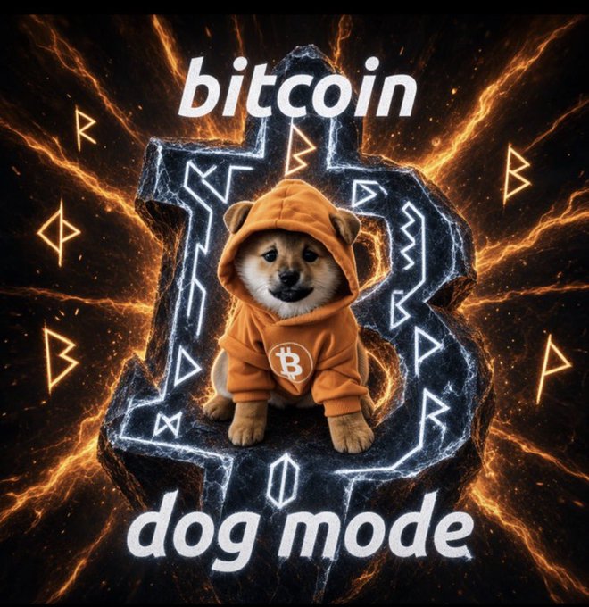 A Shiba Inu dog wearing an orange Bitcoin hoodie sits in front of a glowing stone Bitcoin symbol with the text 'bitcoin' above and 'dog mode' below, set against a fiery orange and black background.