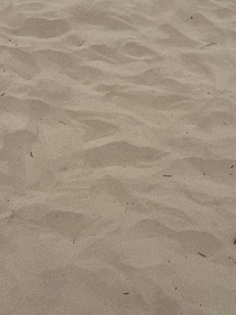 Wavy, light tan sand with scattered bits of dark debris and pine needles stretches across the frame, showing the soft ripple patterns typical of a quiet beach or dune. The minimalist, candid texture complements the post's hashtag style, evoking the unposed, natural scenery often captured in casual outdoor shots.