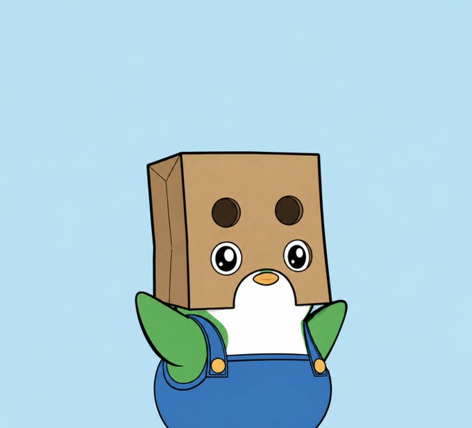 A cartoon illustration features a cute character with large eyes wearing a brown paper bag on its head and blue overalls against a light blue background.