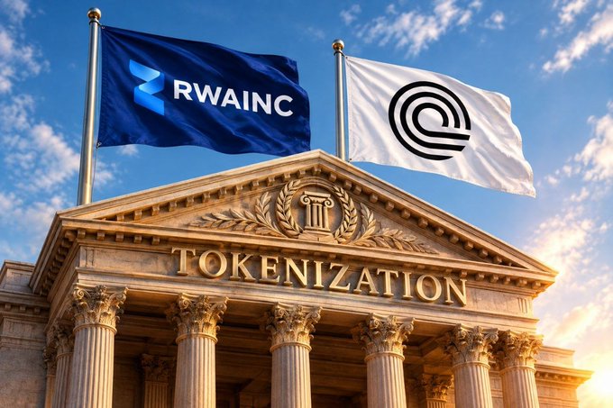 An image of a classical building labeled 'TOKENIZATION' with two flags flying on top: a blue flag reading 'RWAINC' and a white flag with a circular logo.