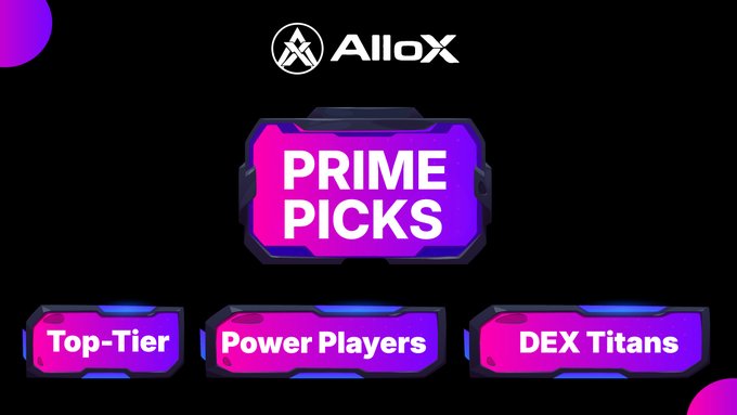 A promotional graphic for AlloX's "Prime Picks" featuring three curated on-chain investment bundles labeled "Top-Tier," "Power Players," and "DEX Titans" displayed in vibrant pink and purple button-style banners against a black background.