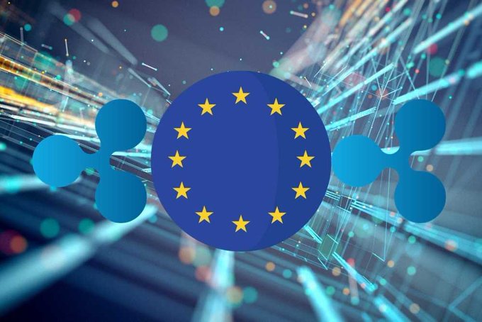 The image features the European Union flag, represented by a circle of yellow stars on a blue background, flanked by the blue Ripple (XRP) cryptocurrency logo, symbolizing Ripple's regulatory foothold in the EU following Binance's failure to secure a MiCA license before the July 1 deadline.