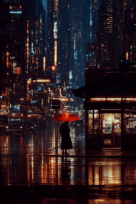 A moody, atmospheric digital artwork or photograph of a person holding a red umbrella in the rain on a city street at night, with warm lights reflecting off the wet pavement and illuminated storefronts in the background.