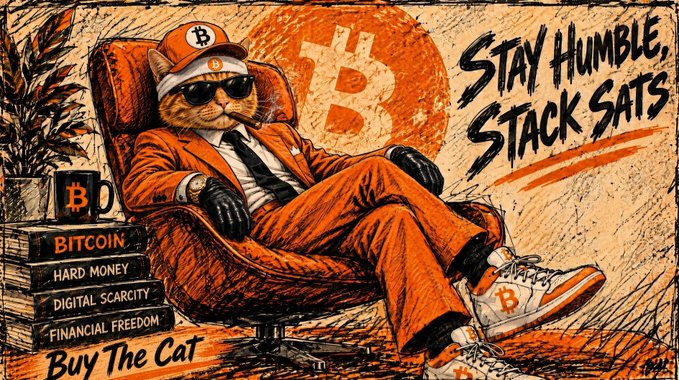Bitcoin-themed illustration of an orange cat in a suit and sunglasses lounging in a chair with text 'Stay Humble, Stack Sats' and 'Buy The Cat' alongside books on financial freedom.