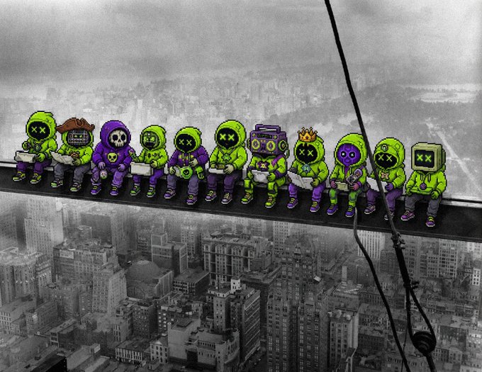 An artistic image depicting the famous 'Lunch atop a Skyscraper' construction photo, reimagined with characters from the video game 'Lethal Company' sitting on a beam high above a grayscale city.