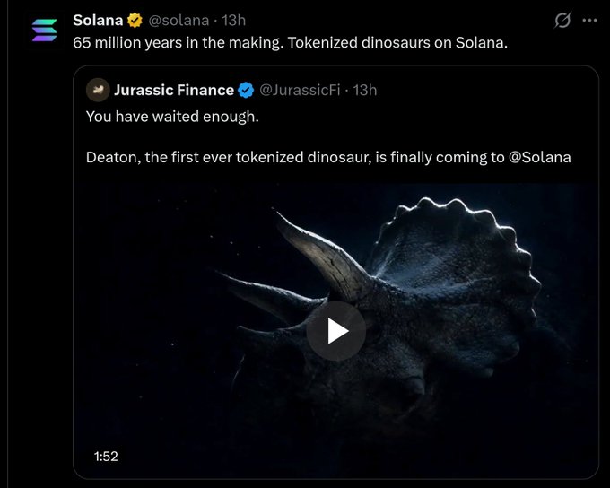This image shows a tweet from Solana announcing "Tokenized dinosaurs on Solana" in partnership with Jurassic Finance, featuring the "first ever tokenized dinosaur, Deaton." The accompanying post criticizes the Solana account for promoting what the author views as a questionable token.