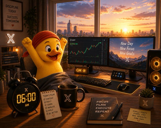 A cheerful yellow bird mascot wearing a red headband stretches energetically at a sunrise workspace featuring dual monitors displaying "New Day New Focus New Goals" and crypto charts, with a "GM" sign, a "06:00 AM" alarm clock, and motivational notes like "DISCIPLINE TODAY SUCCESS TOMORROW" and "FOCUS PLAN EXECUTE REPEAT."

The image perfectly embodies the "GM Tuesday" post's message of renewed energy, discipline, and focused persistence, using the "X" branding and motivational cues to reinforce the call to keep building and delivering value.