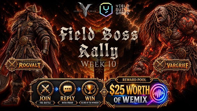 Promotional graphic for a 'Field Boss Rally - Week 10' event by Yield Guild Games featuring two boss characters, Rogvalt and Vargrief, with a reward pool of '$25 WORTH OF WEMIX' and instructions to JOIN, REPLY WITH PROOF, and WIN.