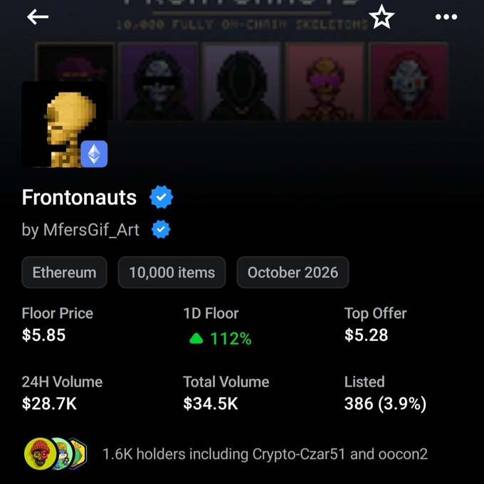 A screenshot of the "Frontonauts" NFT collection page on Ethereum, showing a floor price of $5.85 and a 112% 1D floor increase, listed as a potential breakout candidate given its low entry point compared to the post's prediction of a "5 ETH runner."