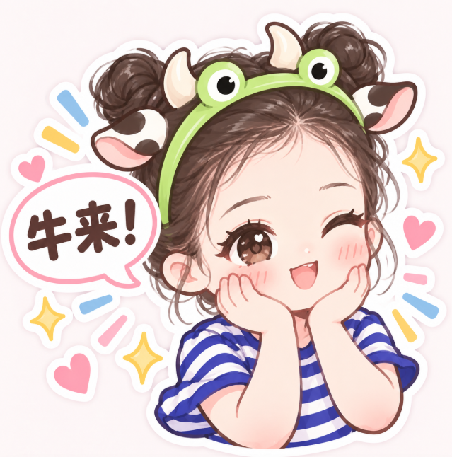 A cute cartoon sticker of a winking girl with brown hair in buns wearing a green cow headband, with a speech bubble containing the Chinese text '牛来!' surrounded by hearts and sparkles.