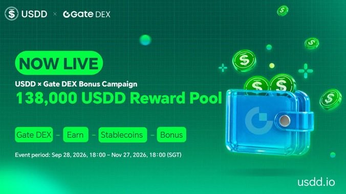A promotional graphic for a 'USDD x Gate DEX Bonus Campaign' announcing a '138,000 USDD Reward Pool' with 'NOW LIVE' text and a teal background featuring a digital wallet icon.