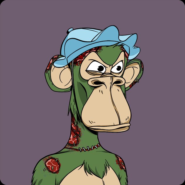 A cartoon illustration of a zombie monkey with exposed red flesh and stitching, wearing a blue head covering, with an angry expression against a solid gray background.