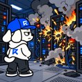 A small animated mascot character wearing a cap with an 'R' logo stands in front of a burning, ruined cityscape, with smoke billowing from destroyed buildings.