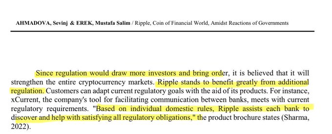 The image shows an academic excerpt highlighting text in yellow about Ripple's relationship with cryptocurrency regulation. The highlighted passages emphasize how "regulation would draw more investors and bring order" and that Ripple helps banks "discover and help with satisfying all regulatory obligations," supporting the post's claim that Ripple would benefit greatly from increased regulation.