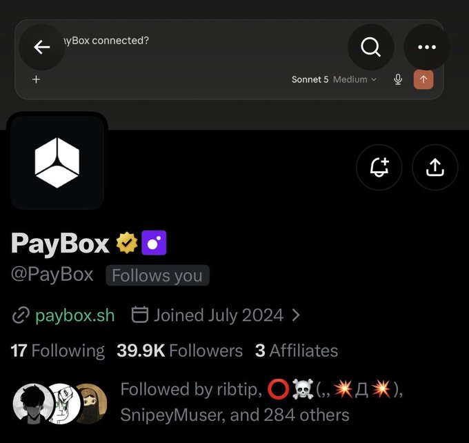 A social media profile screen shows 'PayBox' (@PayBox) with a verified checkmark, 39.9K followers, 17 following, and 3 affiliates, noting 'paybox.sh' and 'Joined July 2024' with a search query for 'PayBox connected?'.